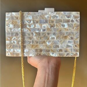 Handcrafted Mother-of-Pearl Clutch Purse, Gold Chain - Iridescent Mosaic Bag